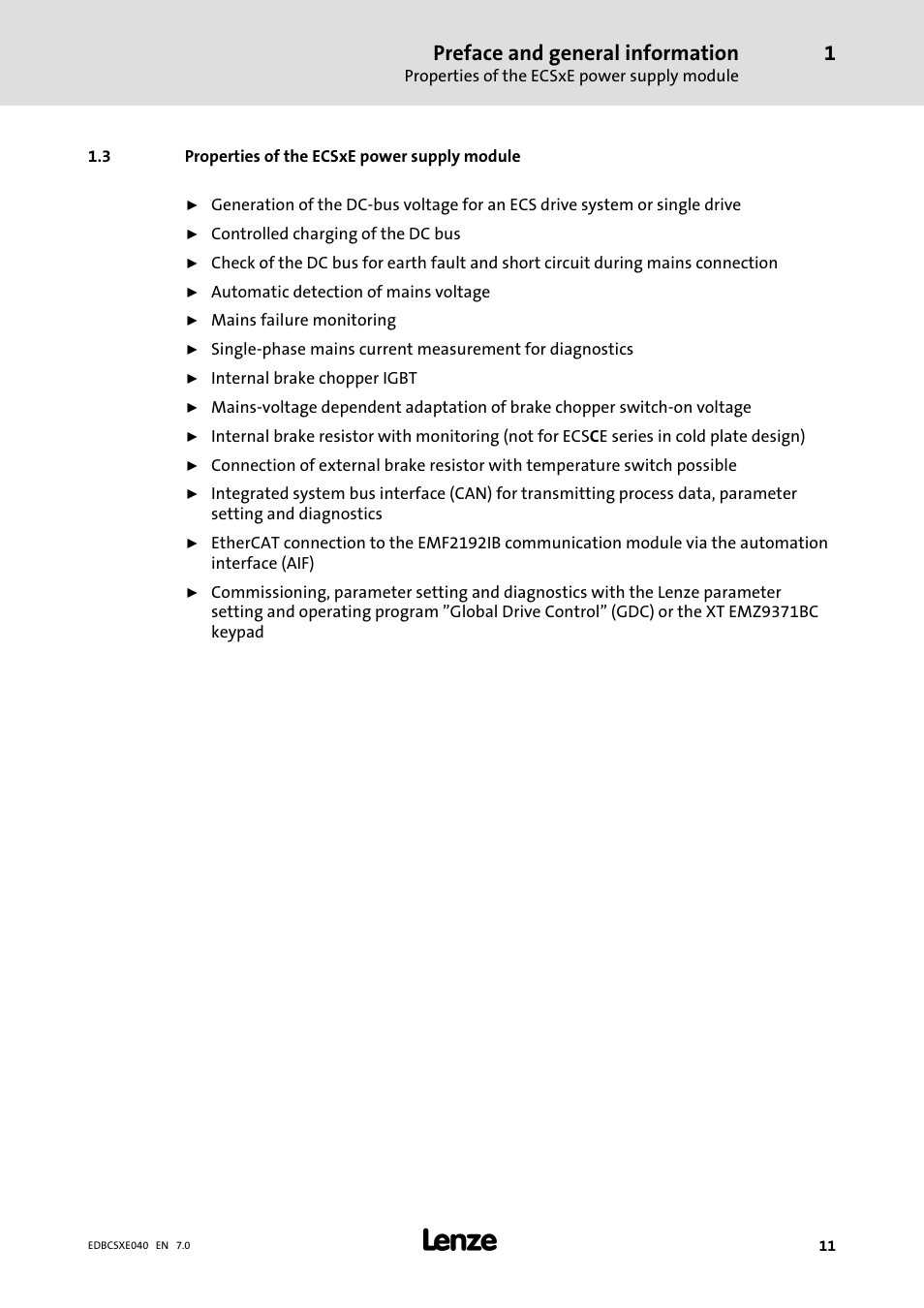 3 properties of the ecsxe power supply module, Properties of the ecsxe power supply module, Preface and general information | Lenze ECSCExxx Power supply module User Manual | Page 11 / 182