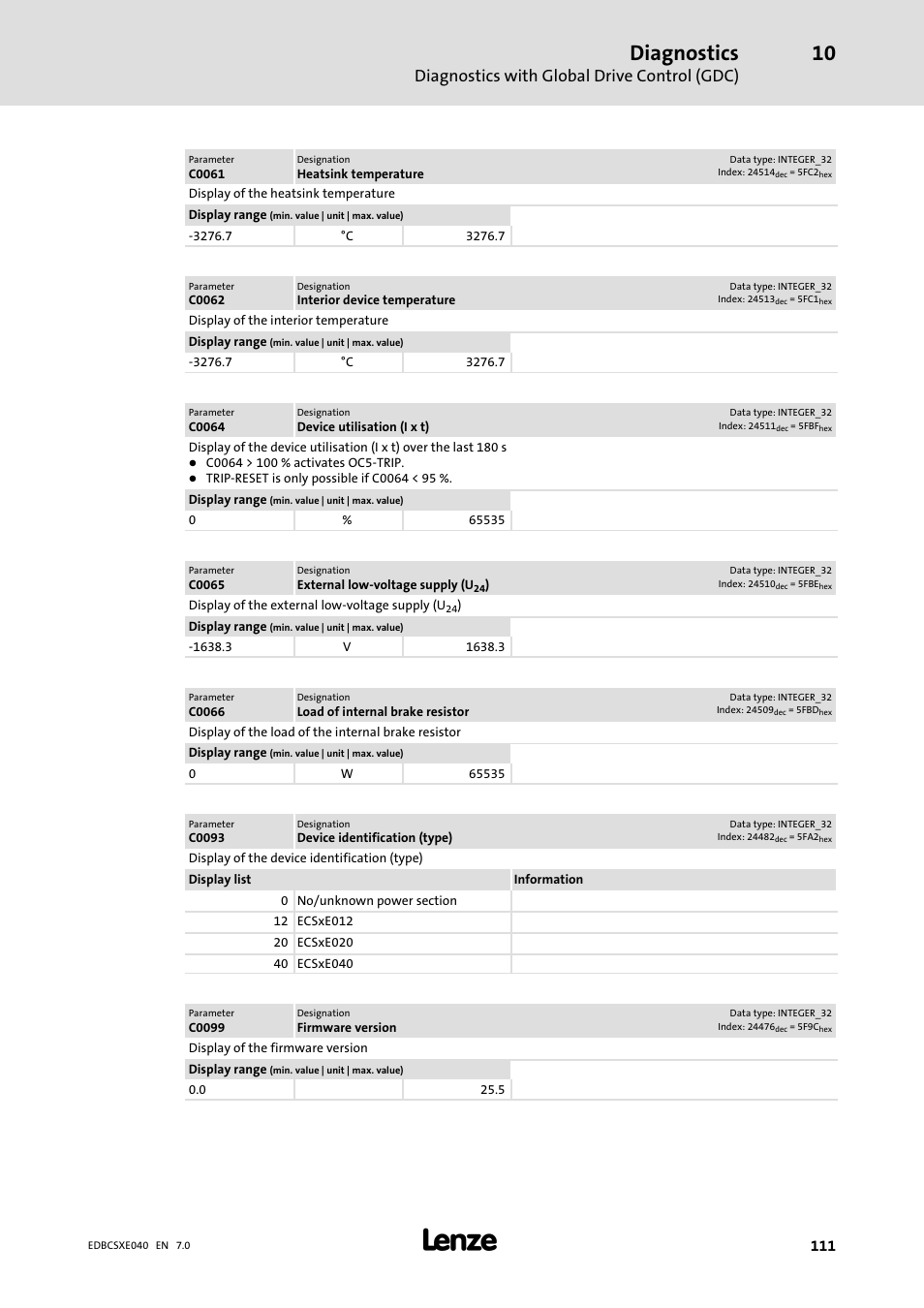 Diagnostics, Diagnostics with global drive control (gdc) | Lenze ECSCExxx Power supply module User Manual | Page 111 / 182