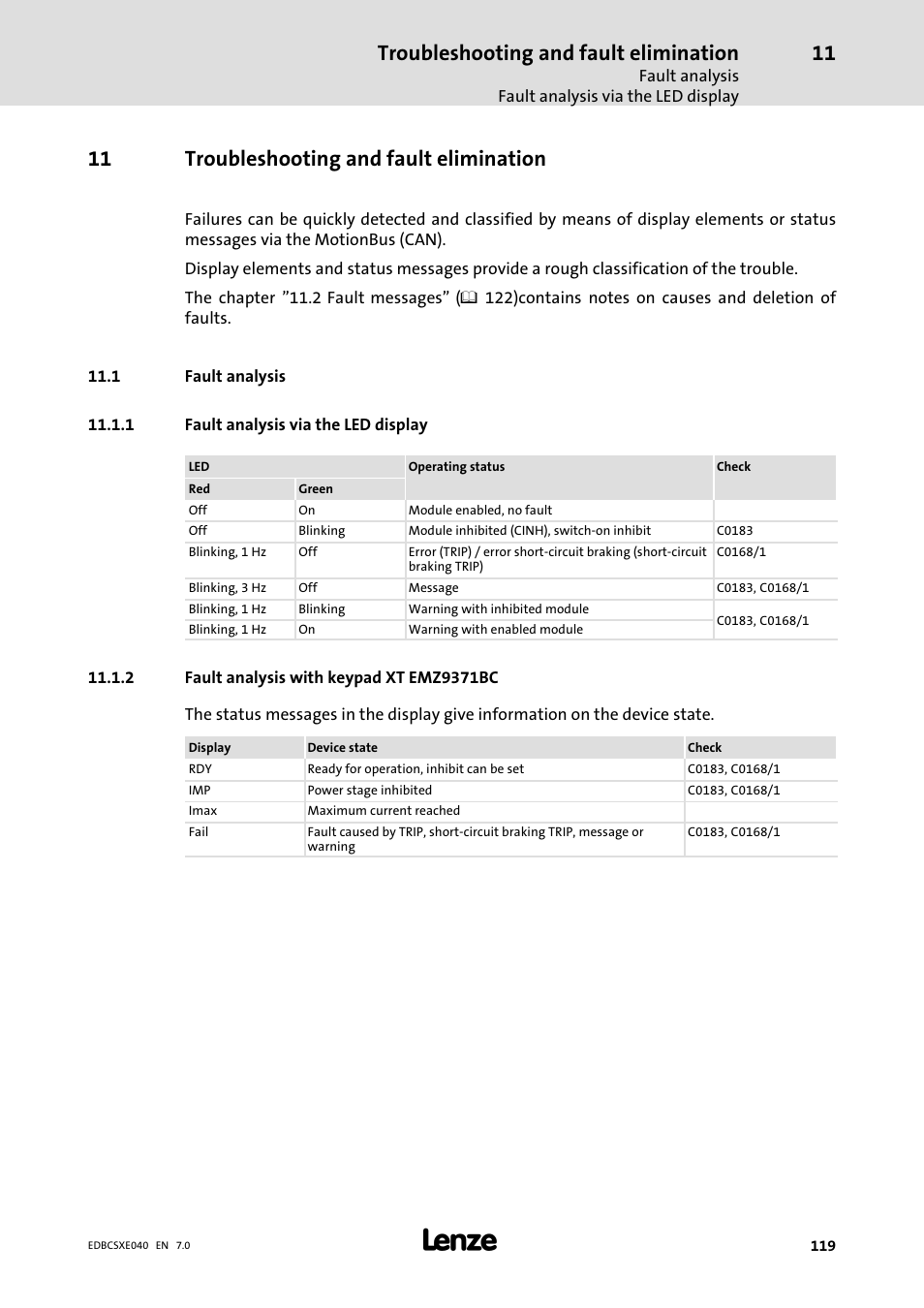 11 troubleshooting and fault elimination, 1 fault analysis, 1 fault analysis via the led display | 2 fault analysis with keypad xt emz9371bc, Troubleshooting and fault elimination, Fault analysis via the led display, Fault analysis with keypad xt emz9371bc | Lenze ECSCExxx Power supply module User Manual | Page 119 / 182