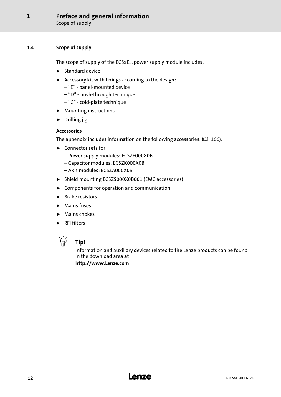 4 scope of supply, Scope of supply, Preface and general information | Lenze ECSCExxx Power supply module User Manual | Page 12 / 182