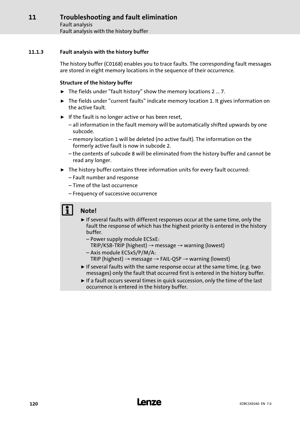 3 fault analysis with the history buffer, Fault analysis with the history buffer, Troubleshooting and fault elimination | Lenze ECSCExxx Power supply module User Manual | Page 120 / 182