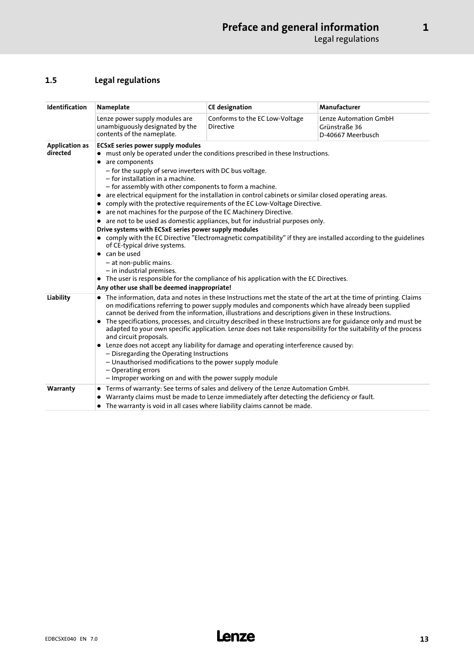 5 legal regulations, Legal regulations, Preface and general information | Lenze ECSCExxx Power supply module User Manual | Page 13 / 182