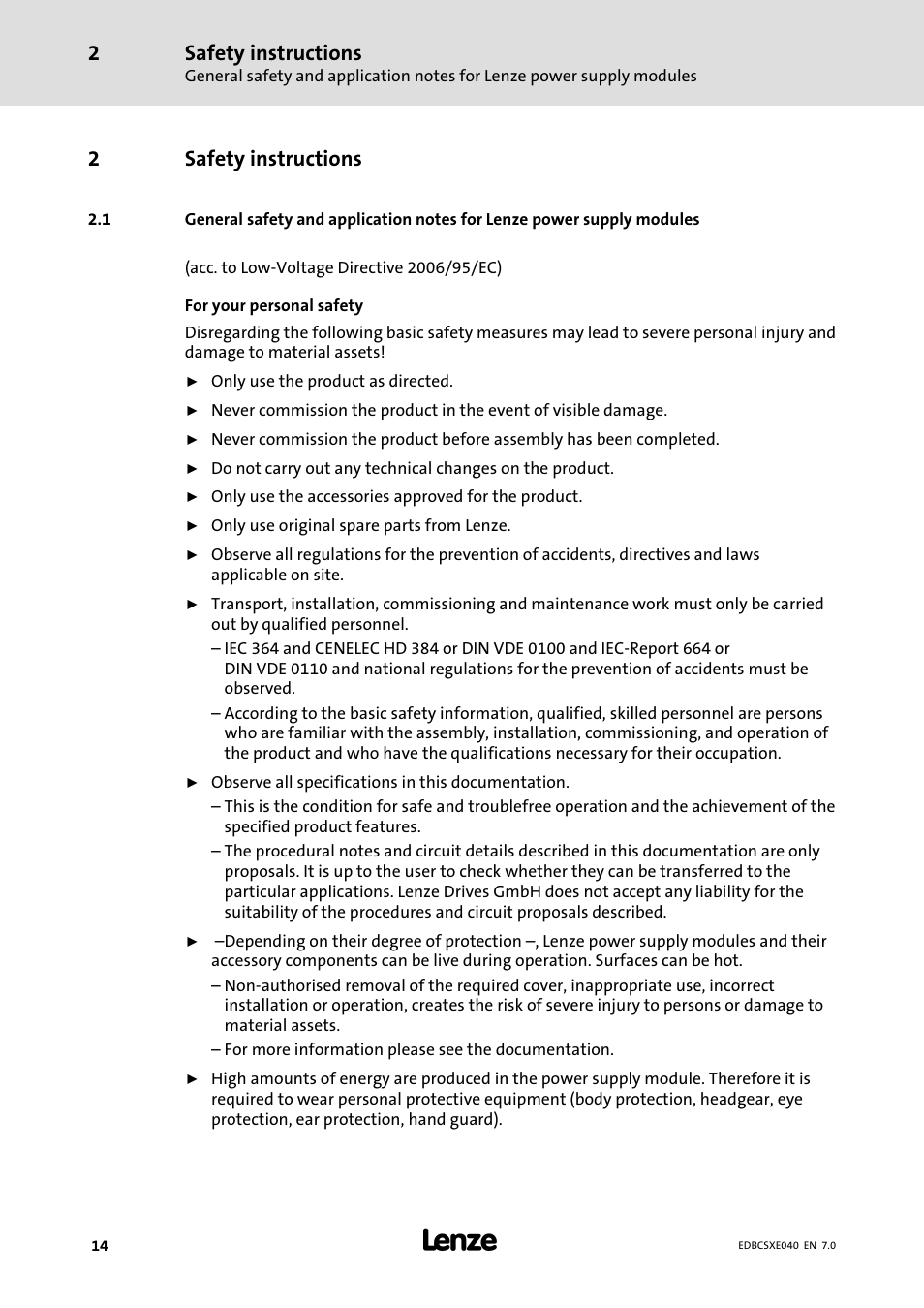 2 safety instructions, Safety instructions, 2safety instructions | Lenze ECSCExxx Power supply module User Manual | Page 14 / 182