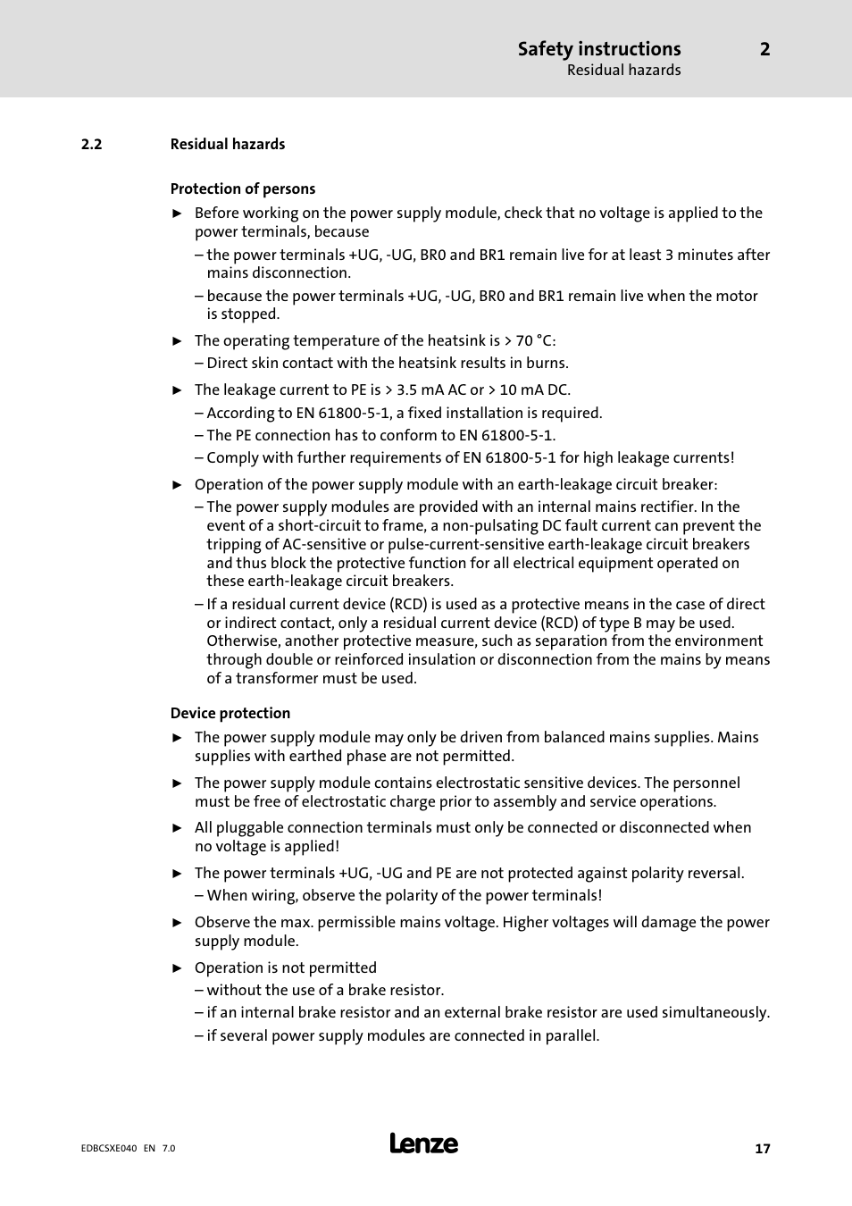 2 residual hazards, Residual hazards, Safety instructions | Lenze ECSCExxx Power supply module User Manual | Page 17 / 182