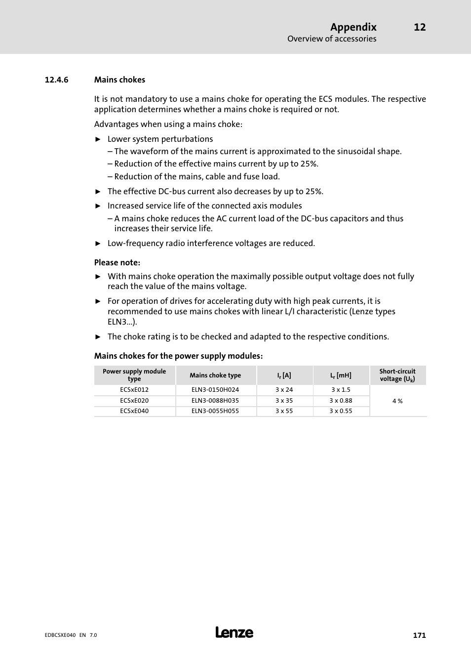 6 mains chokes, Mains chokes, Appendix | Lenze ECSCExxx Power supply module User Manual | Page 171 / 182