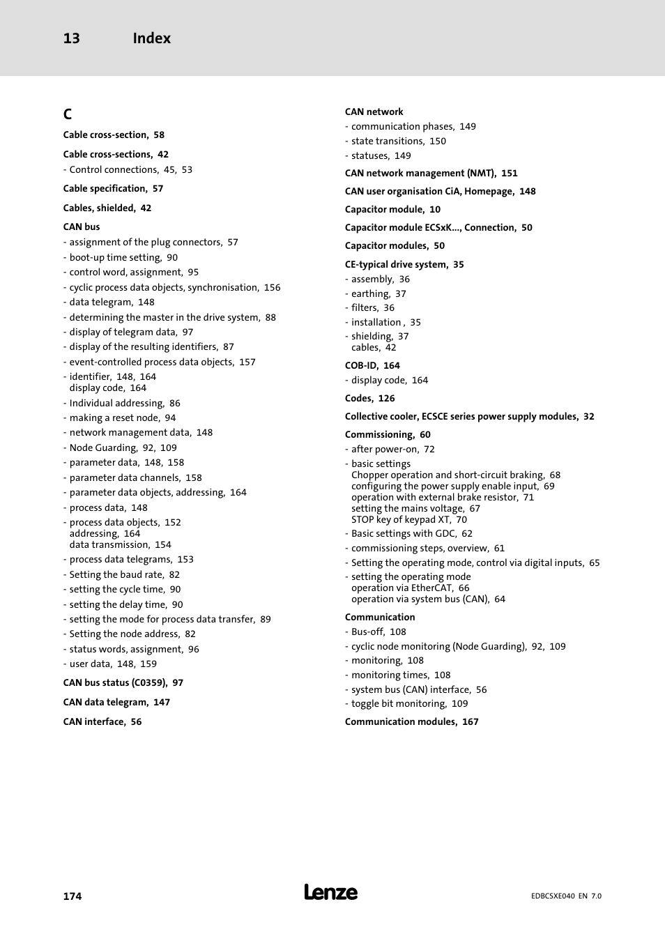 Index 13 | Lenze ECSCExxx Power supply module User Manual | Page 174 / 182