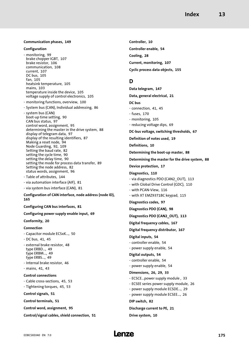 Index 13 | Lenze ECSCExxx Power supply module User Manual | Page 175 / 182