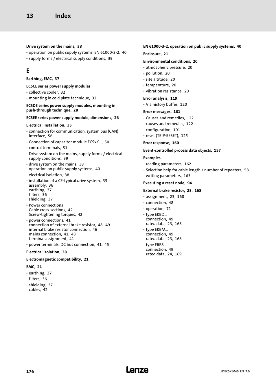 Index 13 | Lenze ECSCExxx Power supply module User Manual | Page 176 / 182