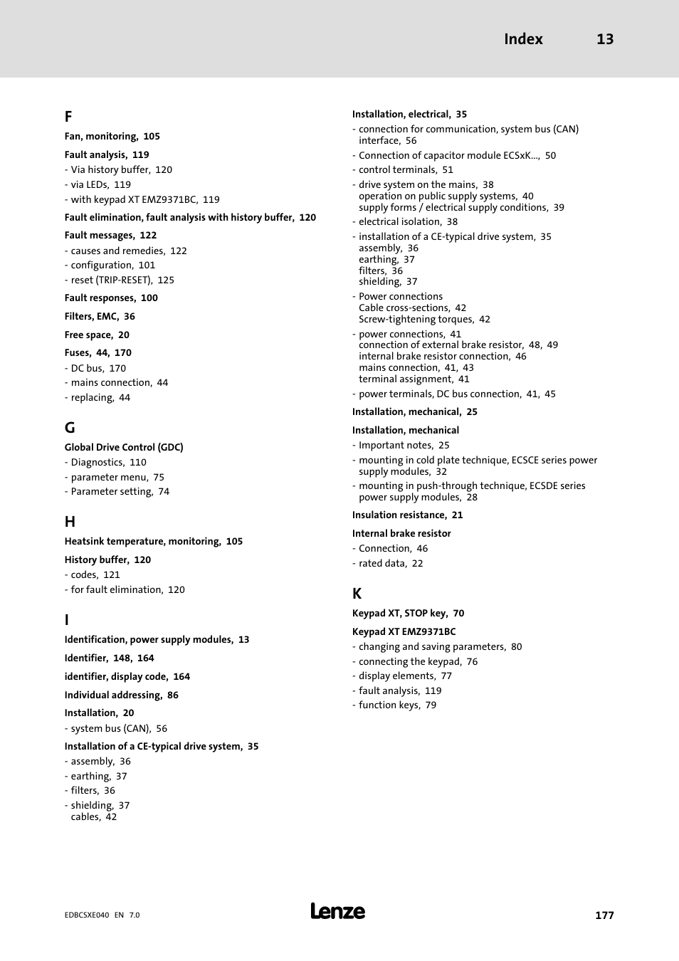 Index 13 | Lenze ECSCExxx Power supply module User Manual | Page 177 / 182