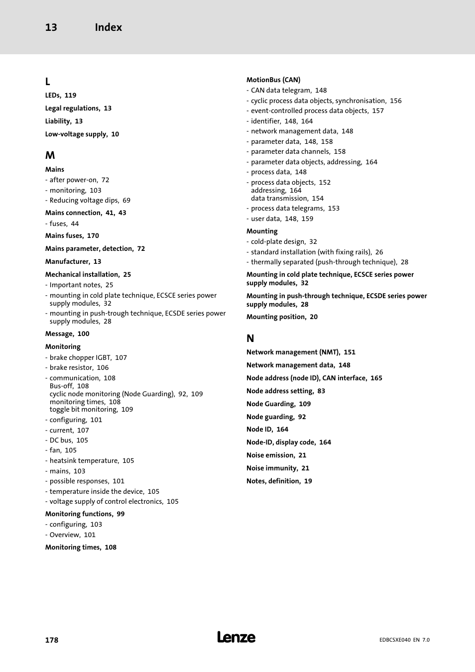 Index 13 | Lenze ECSCExxx Power supply module User Manual | Page 178 / 182