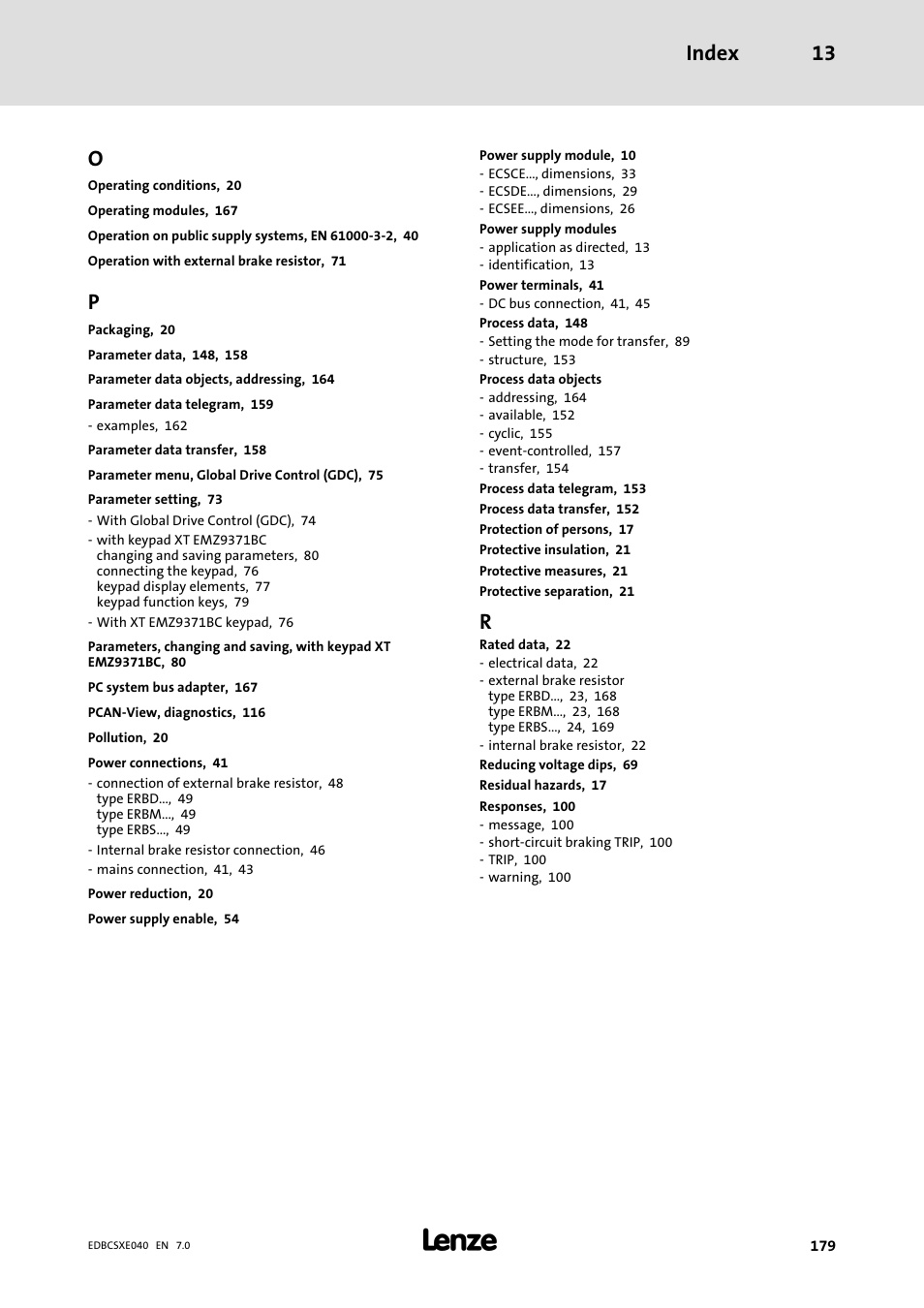 Index 13 | Lenze ECSCExxx Power supply module User Manual | Page 179 / 182
