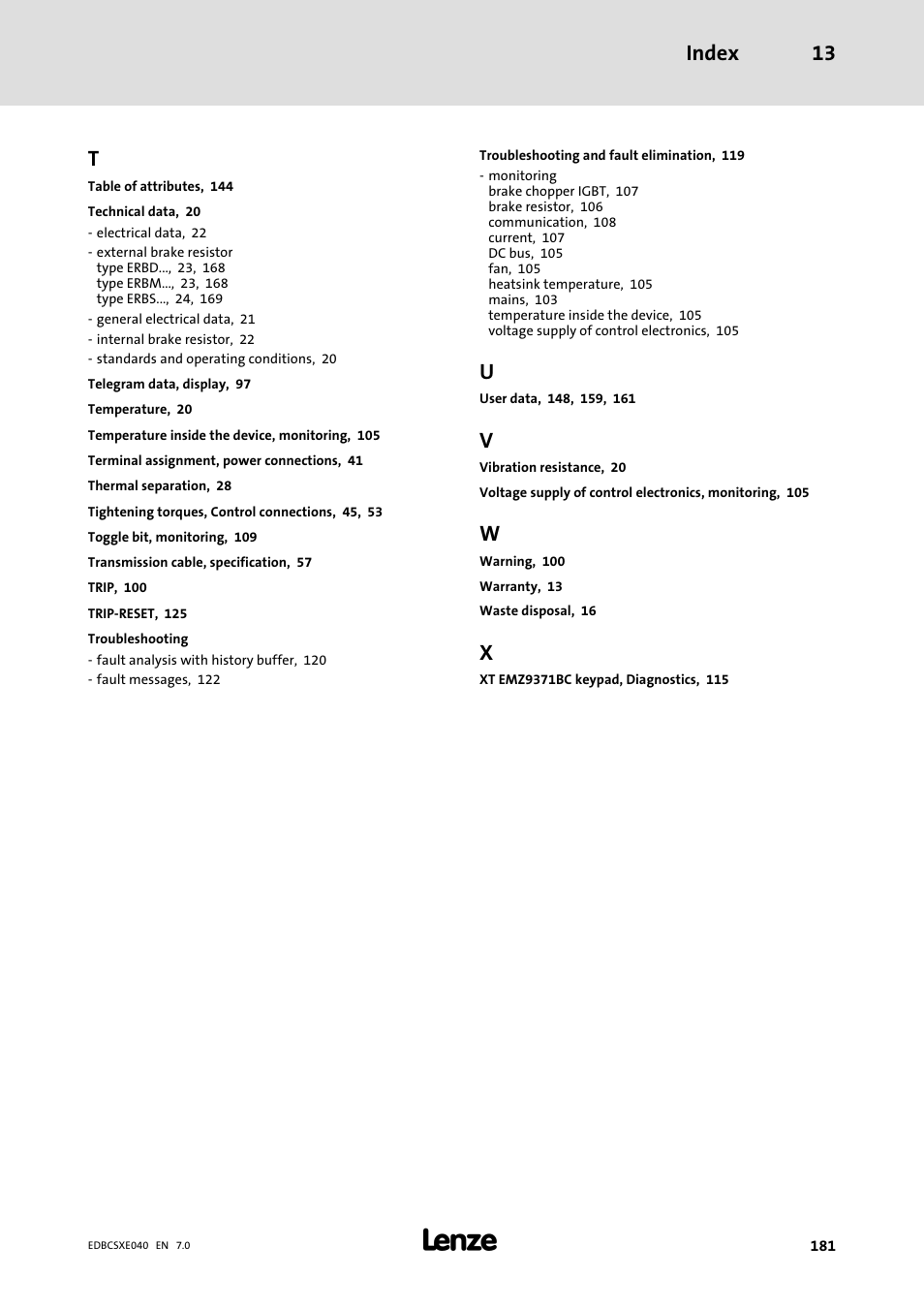 Index 13 | Lenze ECSCExxx Power supply module User Manual | Page 181 / 182