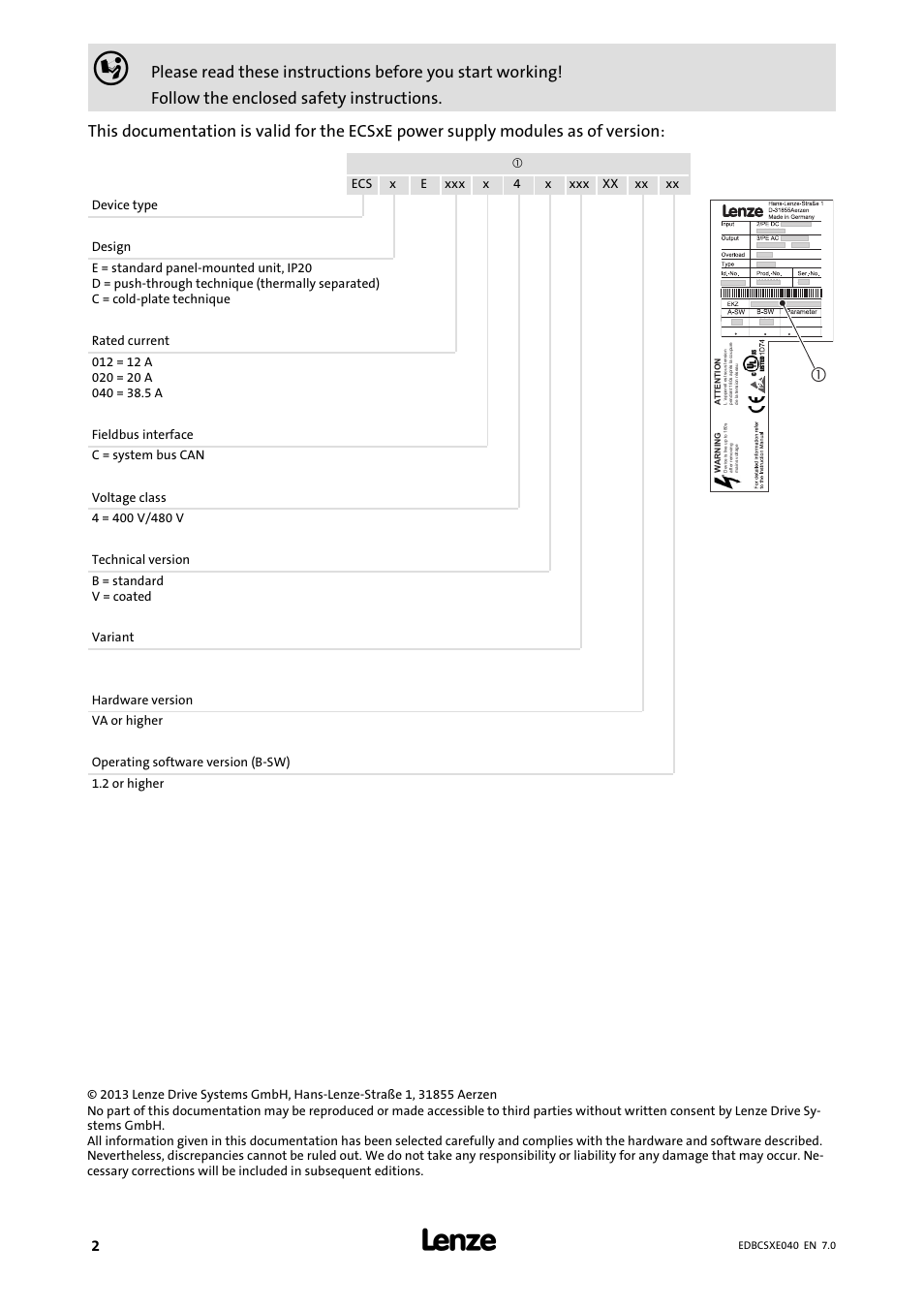 This documentation is valid for | Lenze ECSCExxx Power supply module User Manual | Page 2 / 182