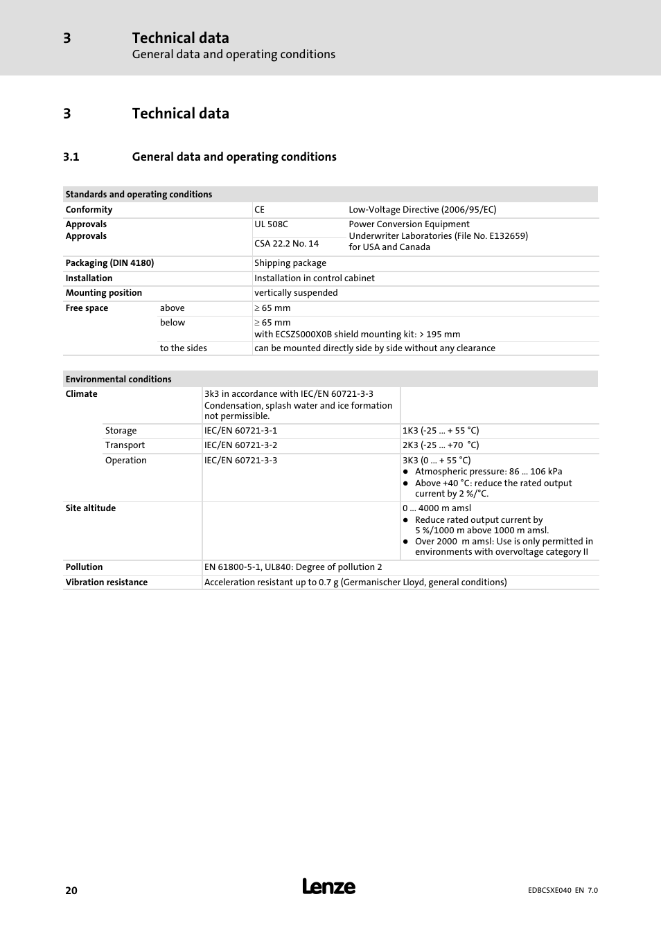 3 technical data, 1 general data and operating conditions, Technical data | General data and operating conditions, 3technical data | Lenze ECSCExxx Power supply module User Manual | Page 20 / 182