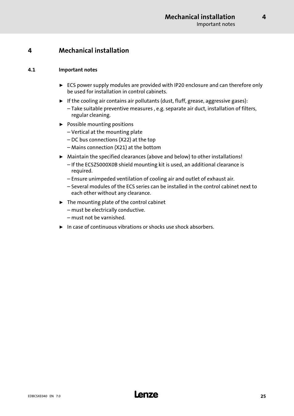4 mechanical installation, 1 important notes, Mechanical installation | Important notes, 4mechanical installation | Lenze ECSCExxx Power supply module User Manual | Page 25 / 182