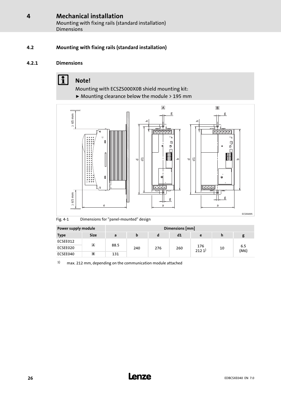 1 dimensions, Mounting with fixing rails (standard installation), Dimensions | Mechanical installation | Lenze ECSCExxx Power supply module User Manual | Page 26 / 182