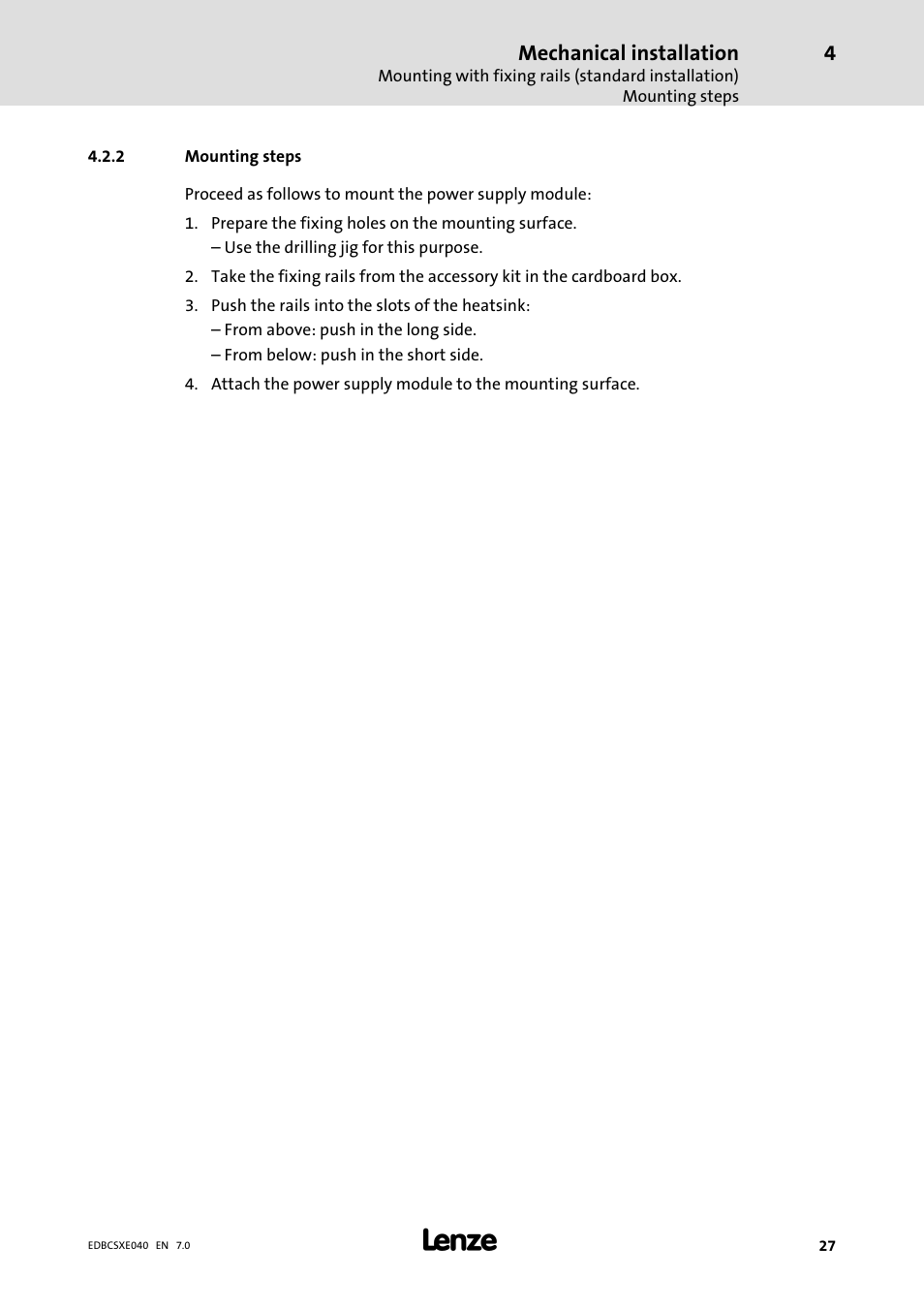 2 mounting steps, Mounting steps | Lenze ECSCExxx Power supply module User Manual | Page 27 / 182