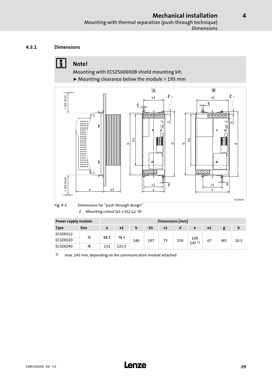 1 dimensions, Dimensions, Mechanical installation | Lenze ECSCExxx Power supply module User Manual | Page 29 / 182