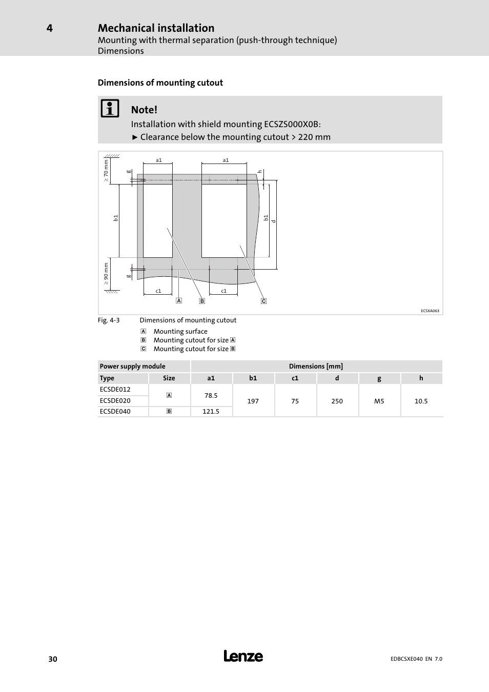 Mechanical installation | Lenze ECSCExxx Power supply module User Manual | Page 30 / 182