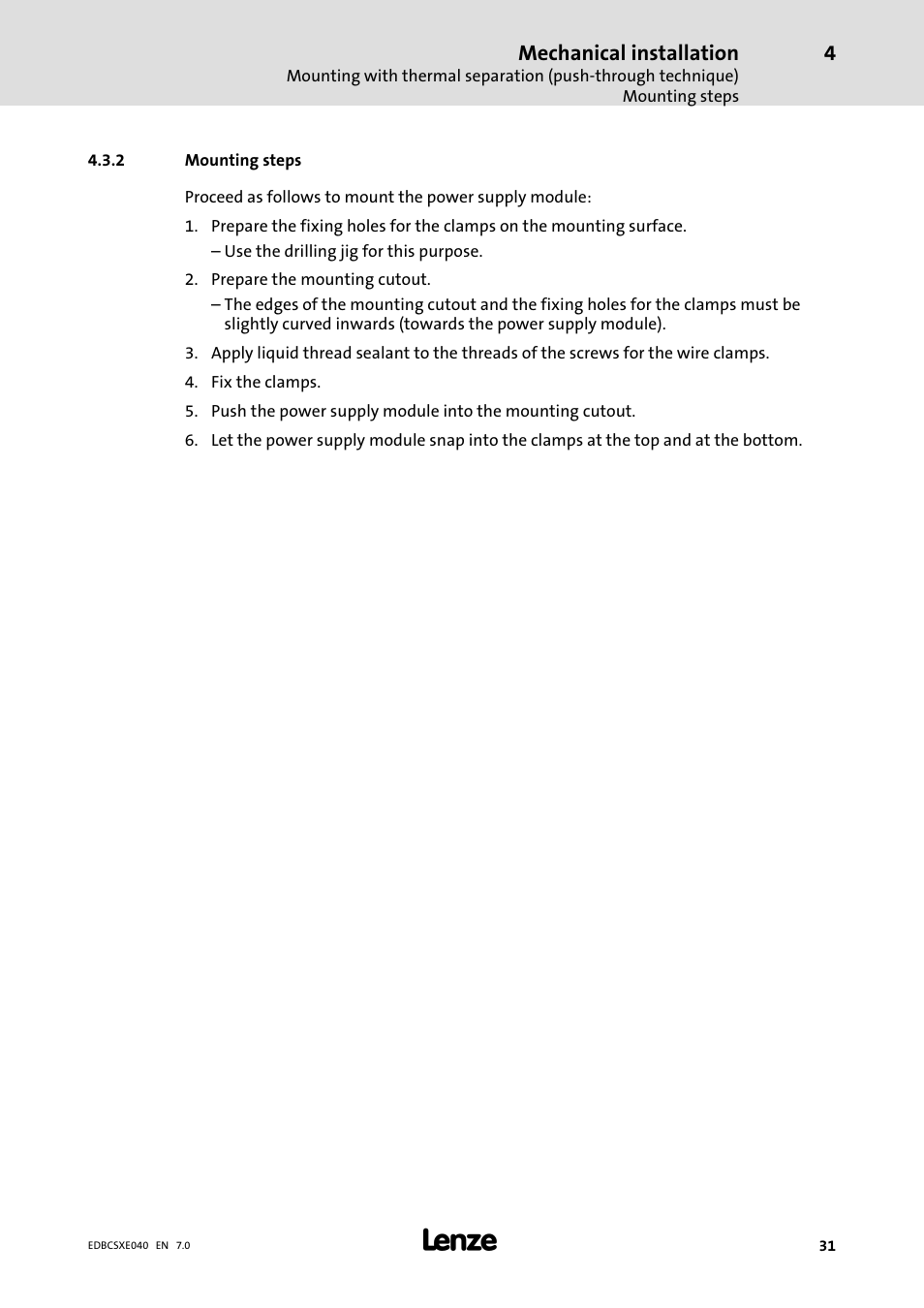 2 mounting steps, Mounting steps, Mechanical installation | Lenze ECSCExxx Power supply module User Manual | Page 31 / 182