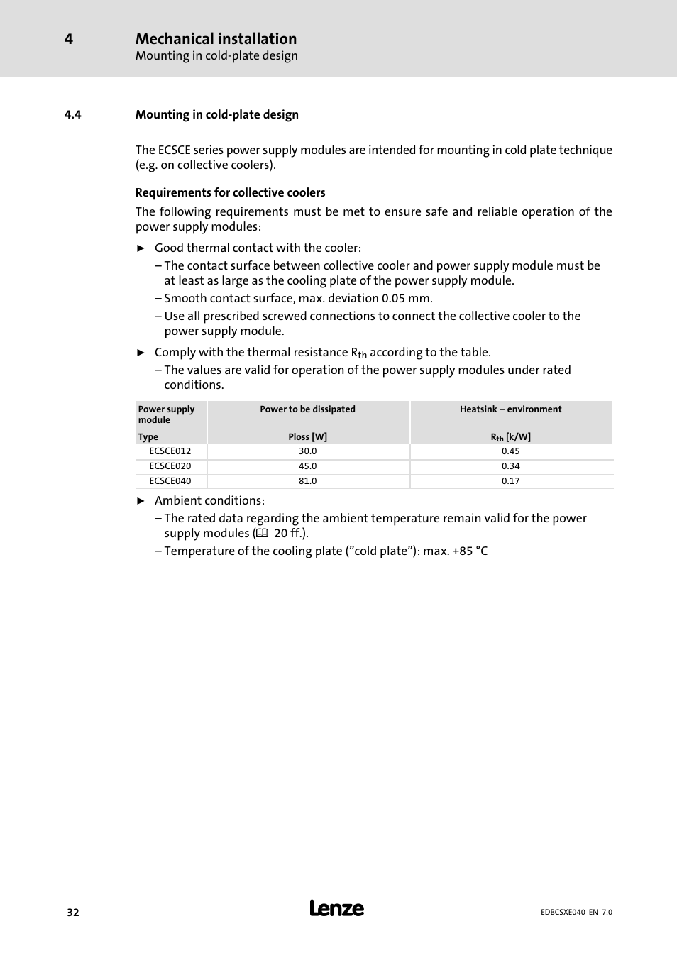 4 mounting in cold-plate design, Mounting in cold−plate design, Mechanical installation | Lenze ECSCExxx Power supply module User Manual | Page 32 / 182