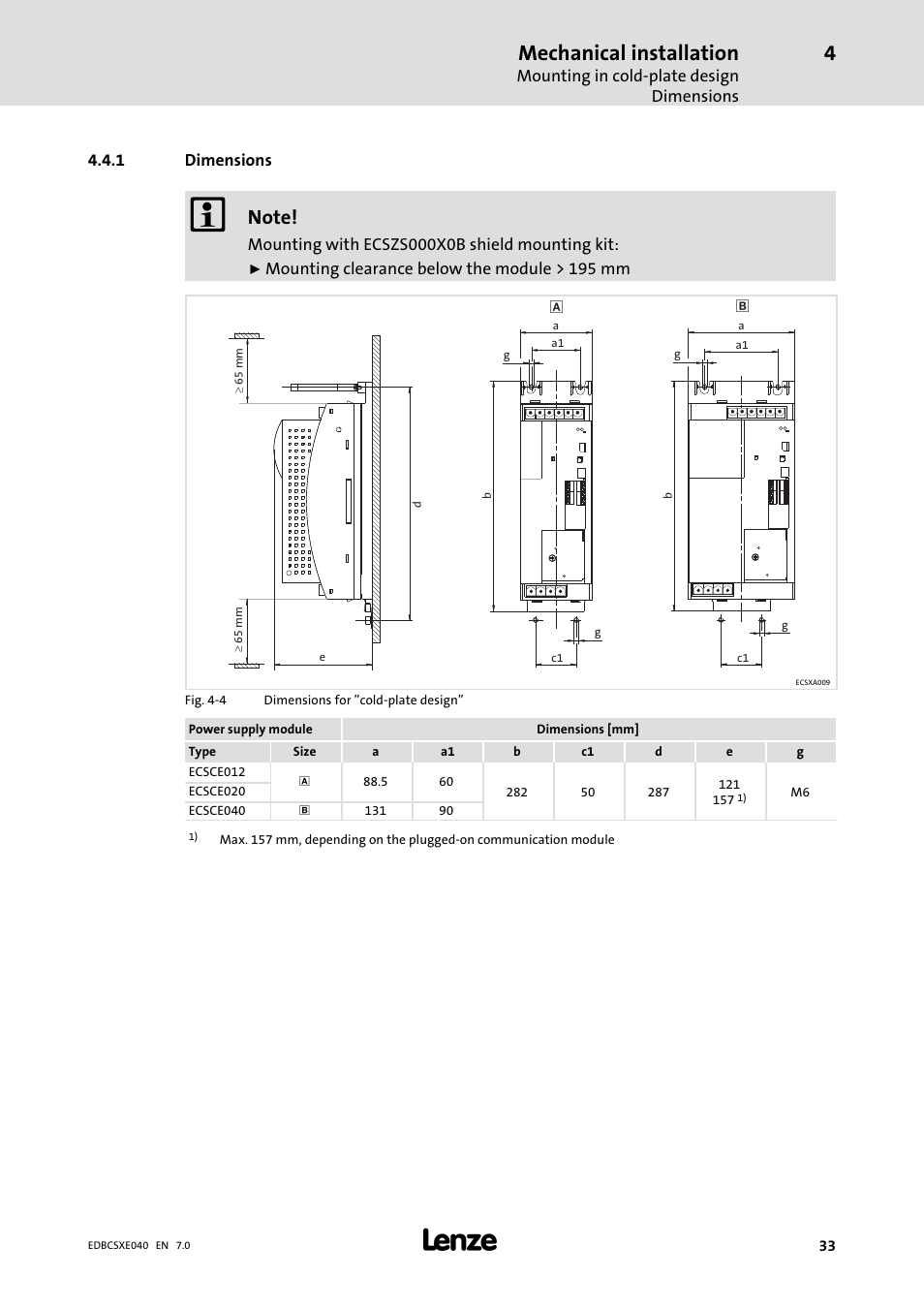 1 dimensions, Dimensions, Mechanical installation | Lenze ECSCExxx Power supply module User Manual | Page 33 / 182