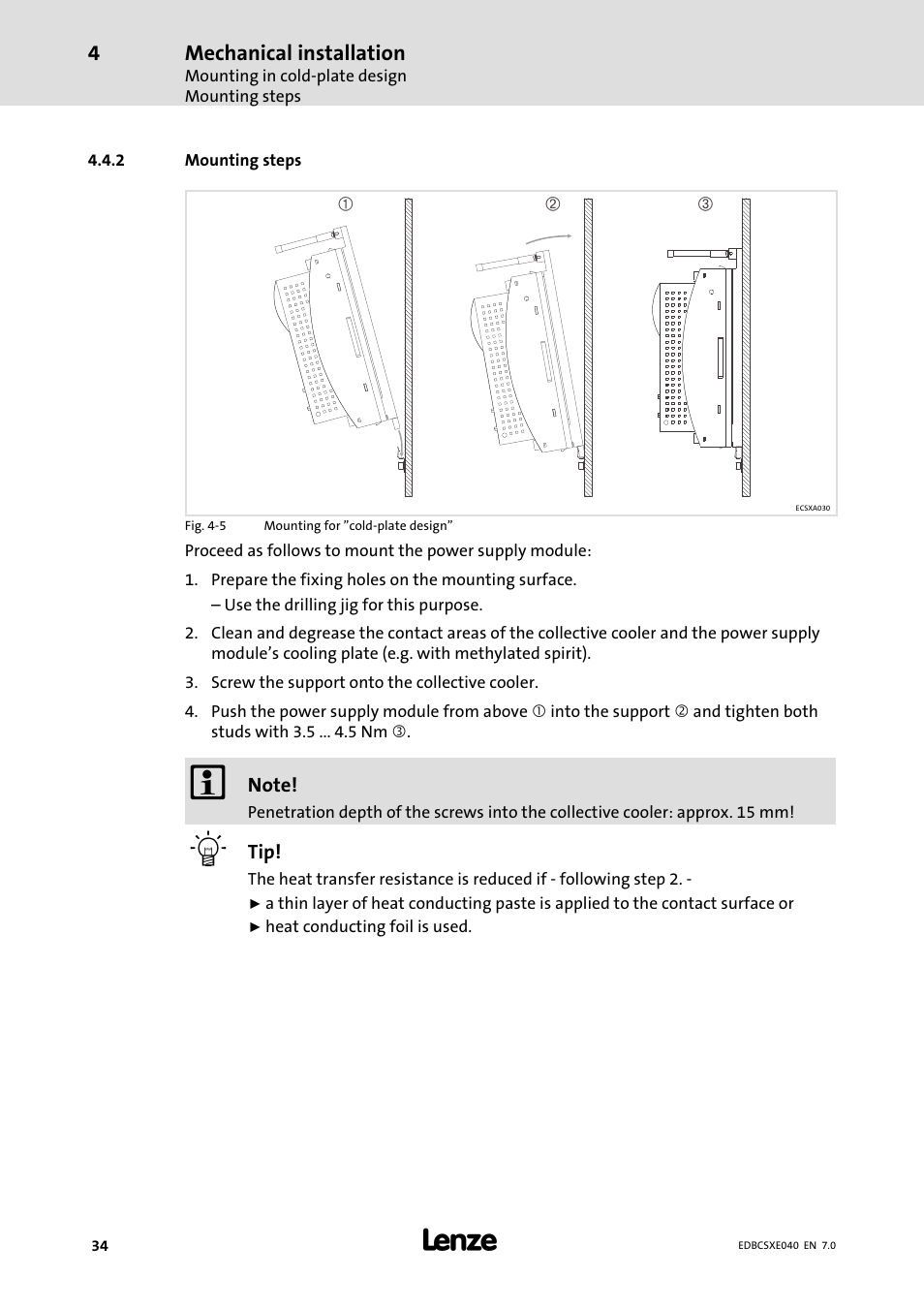 2 mounting steps, Mounting steps | Lenze ECSCExxx Power supply module User Manual | Page 34 / 182