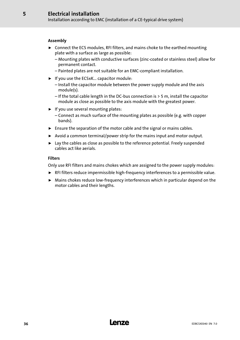 Electrical installation | Lenze ECSCExxx Power supply module User Manual | Page 36 / 182