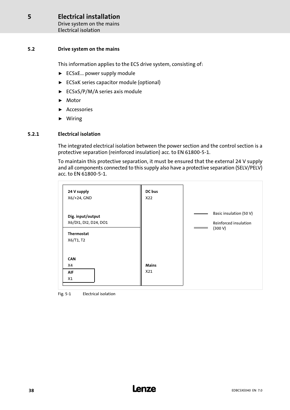 2 drive system on the mains, 1 electrical isolation, Drive system on the mains | Electrical isolation, Electrical installation | Lenze ECSCExxx Power supply module User Manual | Page 38 / 182