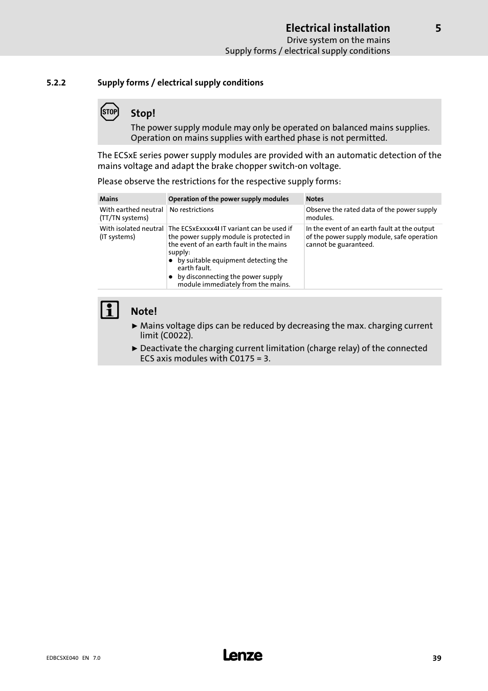 2 supply forms / electrical supply conditions, Supply forms / electrical supply conditions, Electrical installation | Lenze ECSCExxx Power supply module User Manual | Page 39 / 182