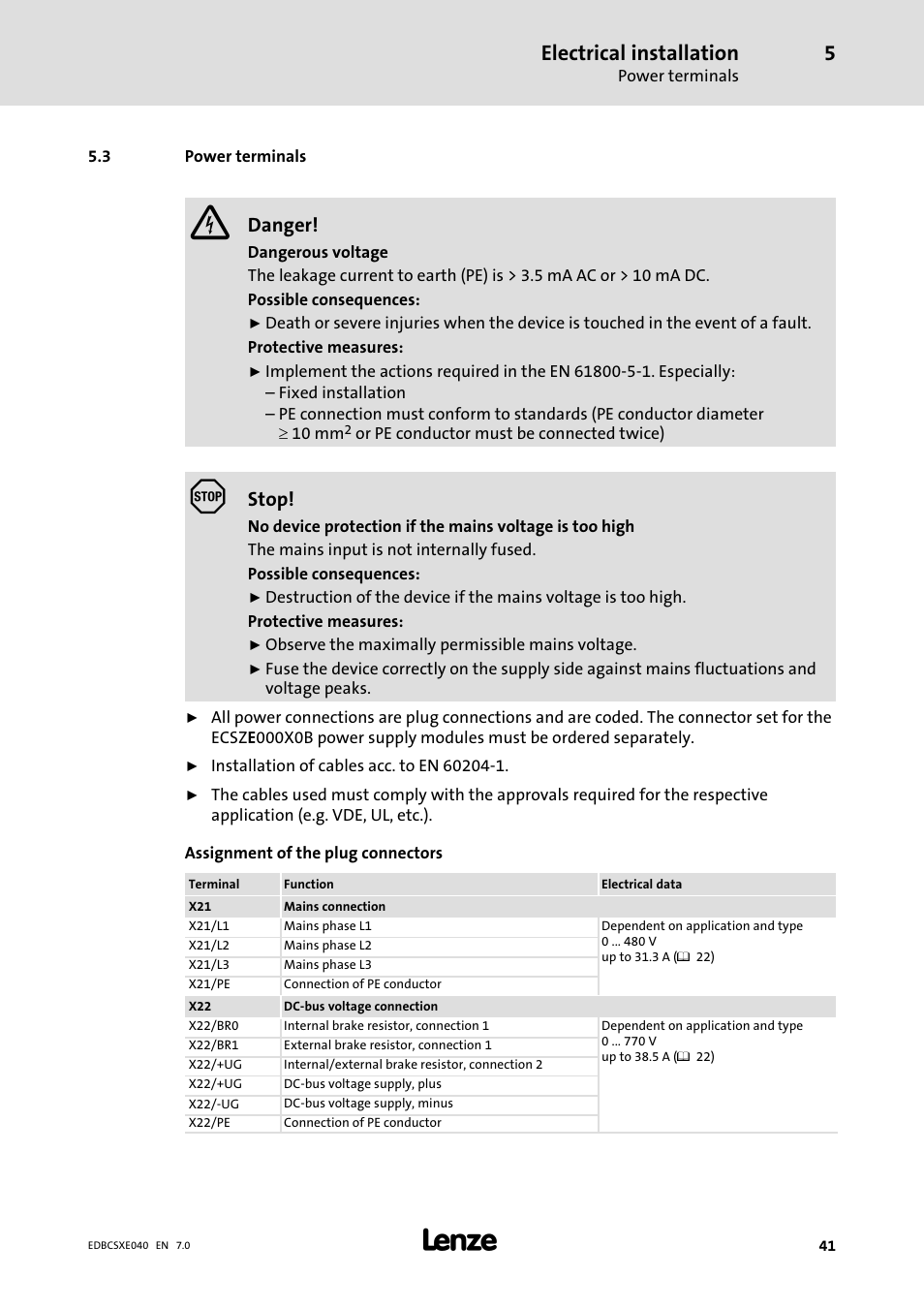 3 power terminals, Power terminals, Electrical installation | Danger, Stop | Lenze ECSCExxx Power supply module User Manual | Page 41 / 182