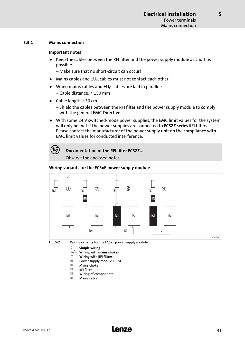 1 mains connection, Mains connection, Electrical installation | Lenze ECSCExxx Power supply module User Manual | Page 43 / 182