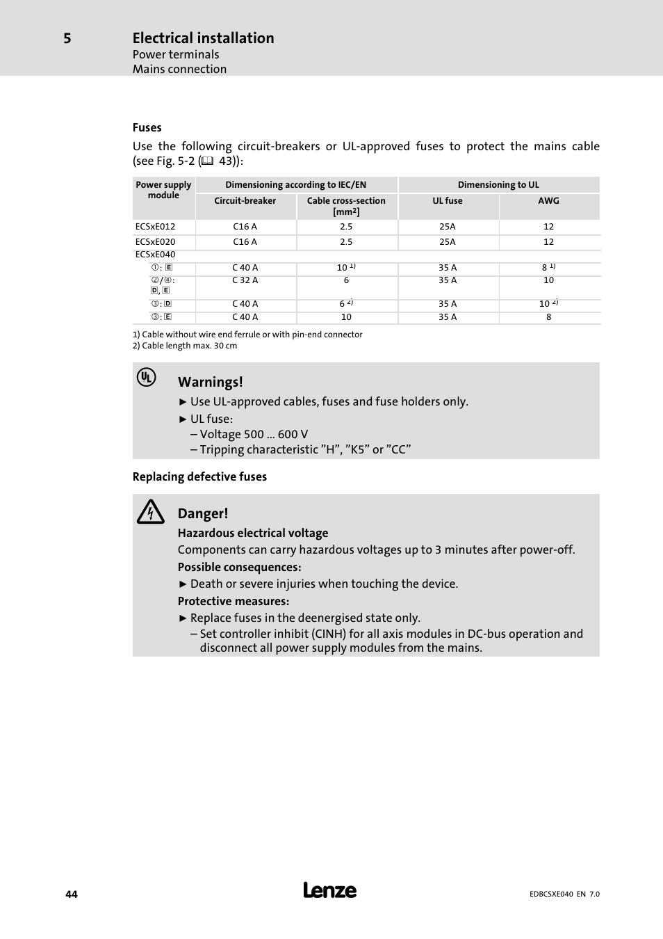 Electrical installation, Warnings, Danger | Lenze ECSCExxx Power supply module User Manual | Page 44 / 182