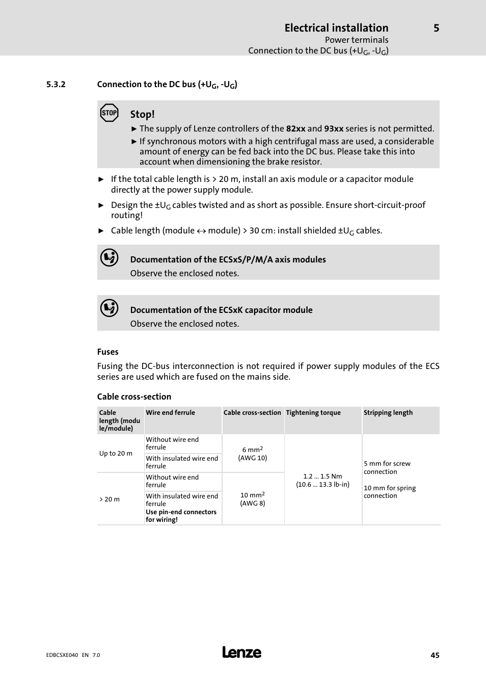 2 connection to the dc bus (+ug, -ug), Connection to the dc bus (+ug, −ug), Electrical installation | Stop | Lenze ECSCExxx Power supply module User Manual | Page 45 / 182