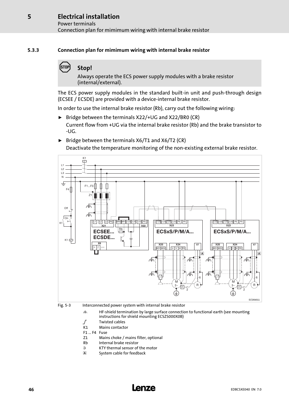 Electrical installation, Stop, Ecsxs/p/m/a... ecsee... ecsde... ecsxs/p/m/a | Lenze ECSCExxx Power supply module User Manual | Page 46 / 182