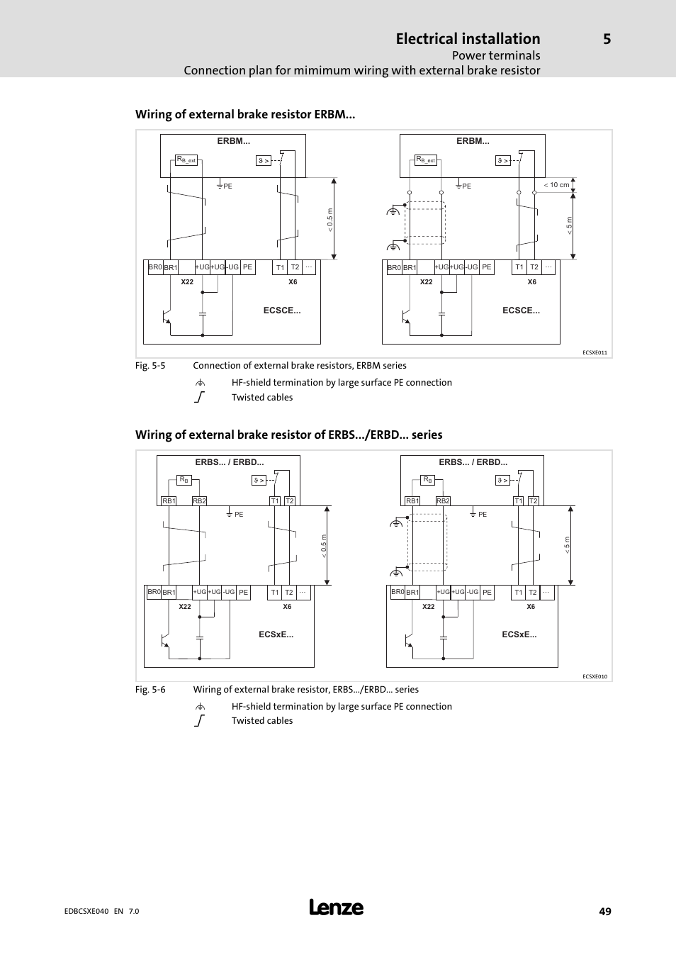 Electrical installation, Wiring of external brake resistor erbm | Lenze ECSCExxx Power supply module User Manual | Page 49 / 182