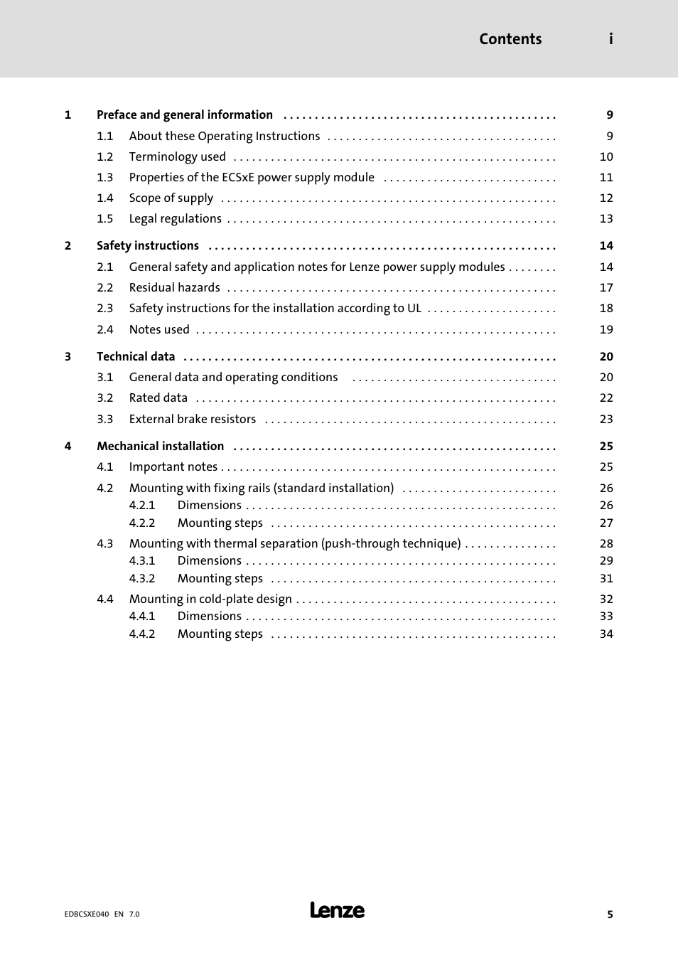 Lenze ECSCExxx Power supply module User Manual | Page 5 / 182