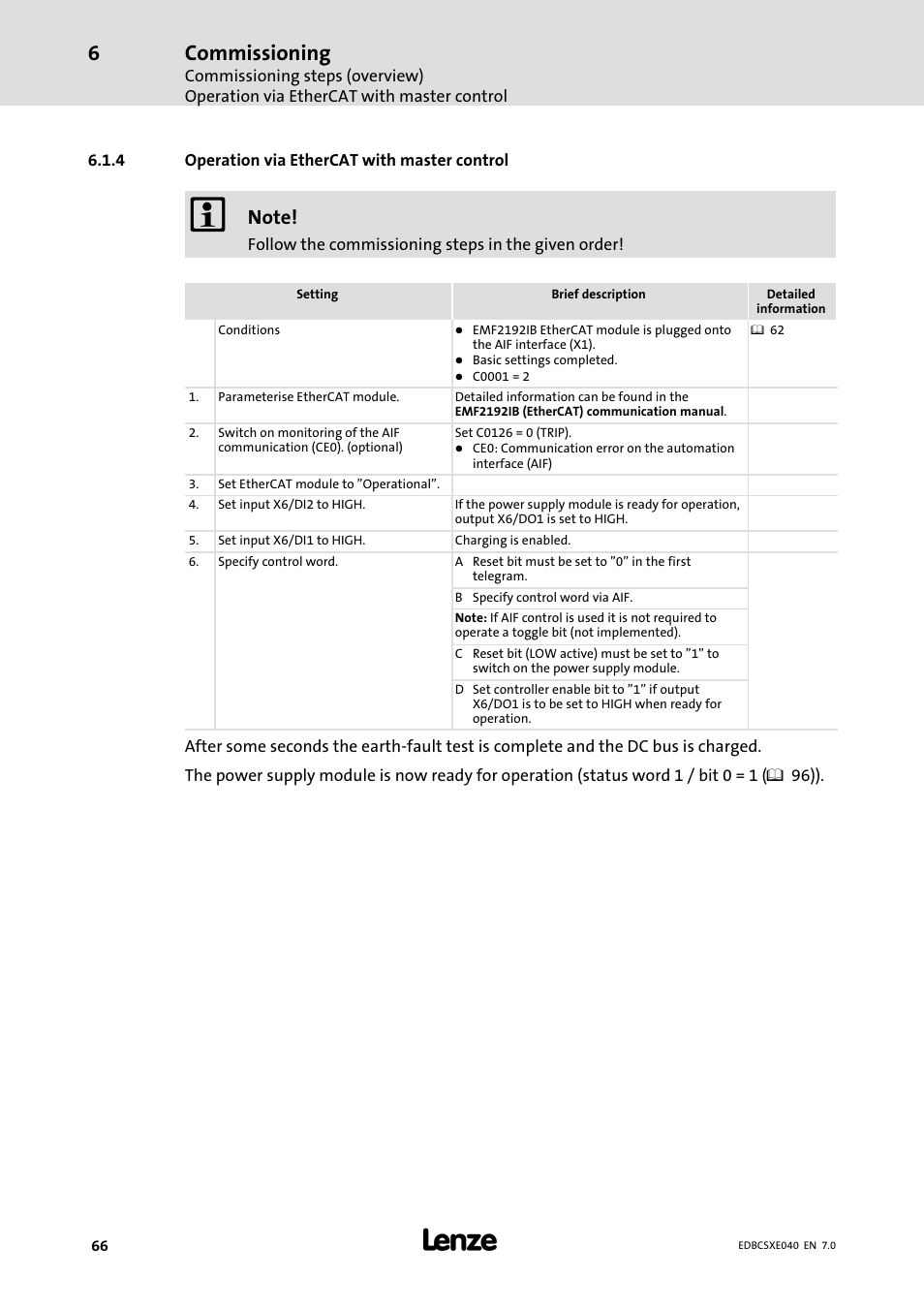 4 operation via ethercat with master control, Operation via ethercat with master control, Commissioning | Lenze ECSCExxx Power supply module User Manual | Page 66 / 182