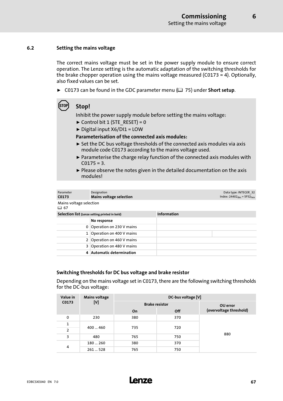 2 setting the mains voltage, Setting the mains voltage, Commissioning | Stop | Lenze ECSCExxx Power supply module User Manual | Page 67 / 182