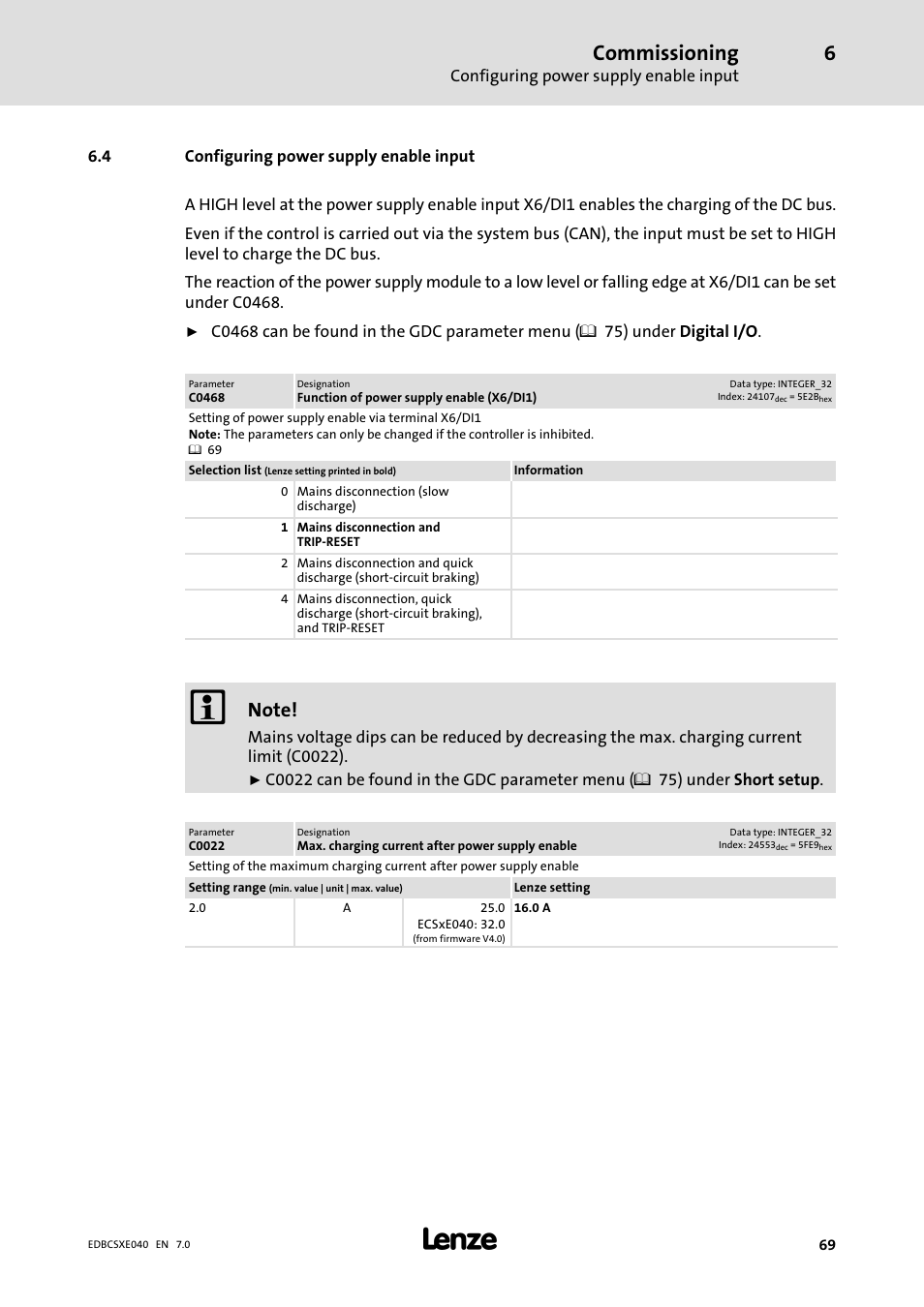 4 configuring power supply enable input, Configuring power supply enable input, Commissioning | Lenze ECSCExxx Power supply module User Manual | Page 69 / 182