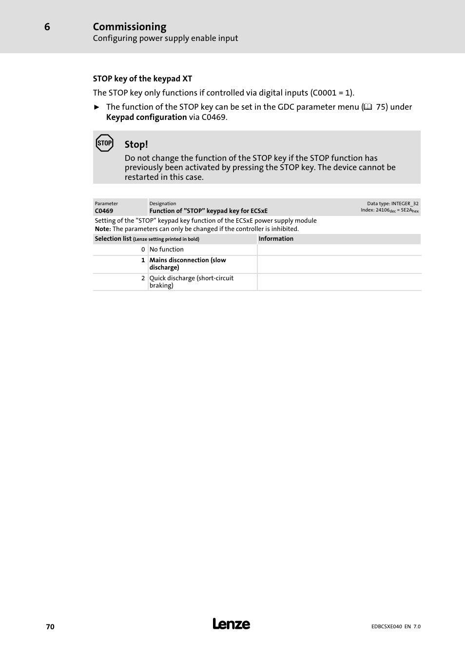 Commissioning, Stop | Lenze ECSCExxx Power supply module User Manual | Page 70 / 182