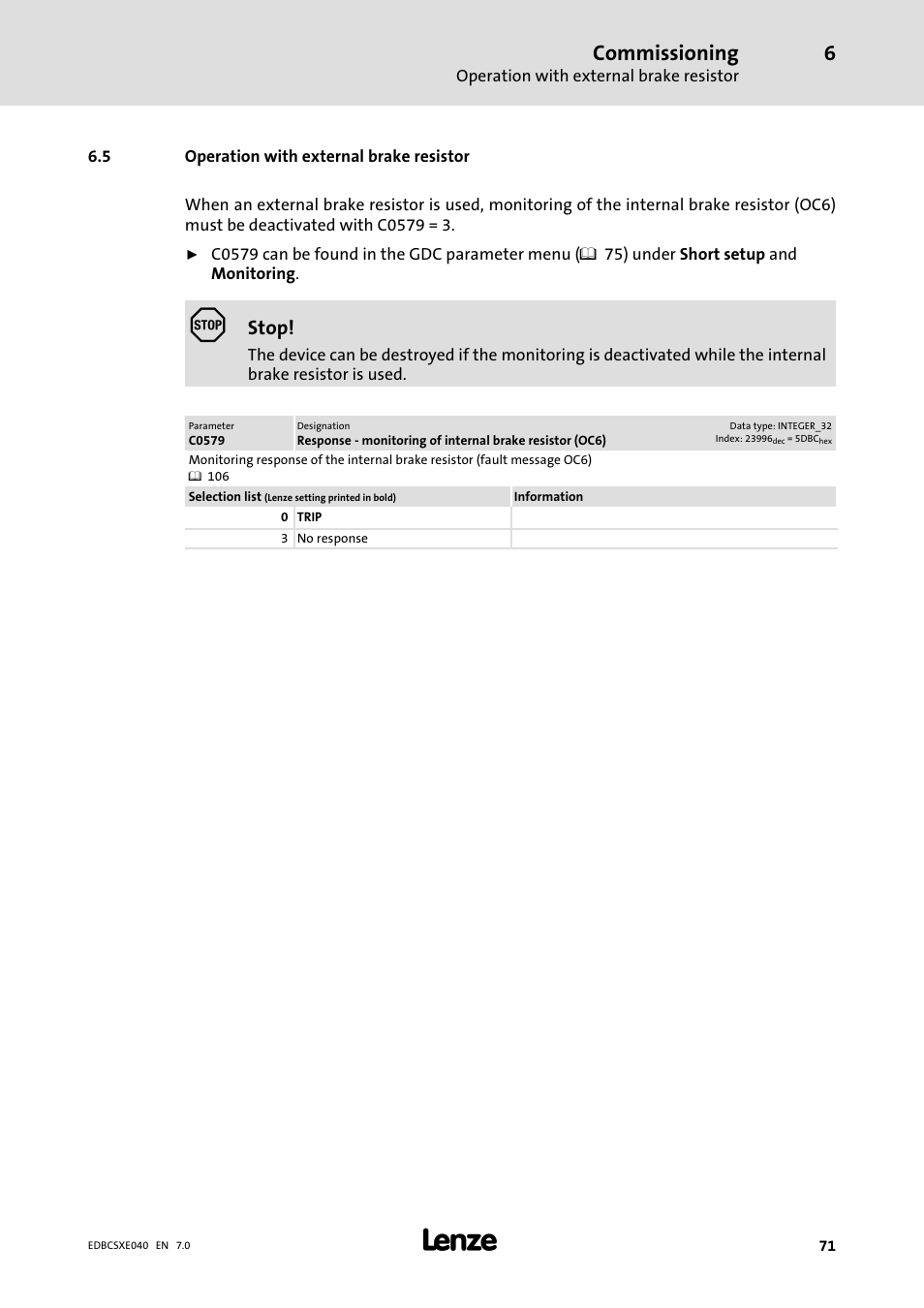 5 operation with external brake resistor, Operation with external brake resistor, Commissioning | Stop | Lenze ECSCExxx Power supply module User Manual | Page 71 / 182