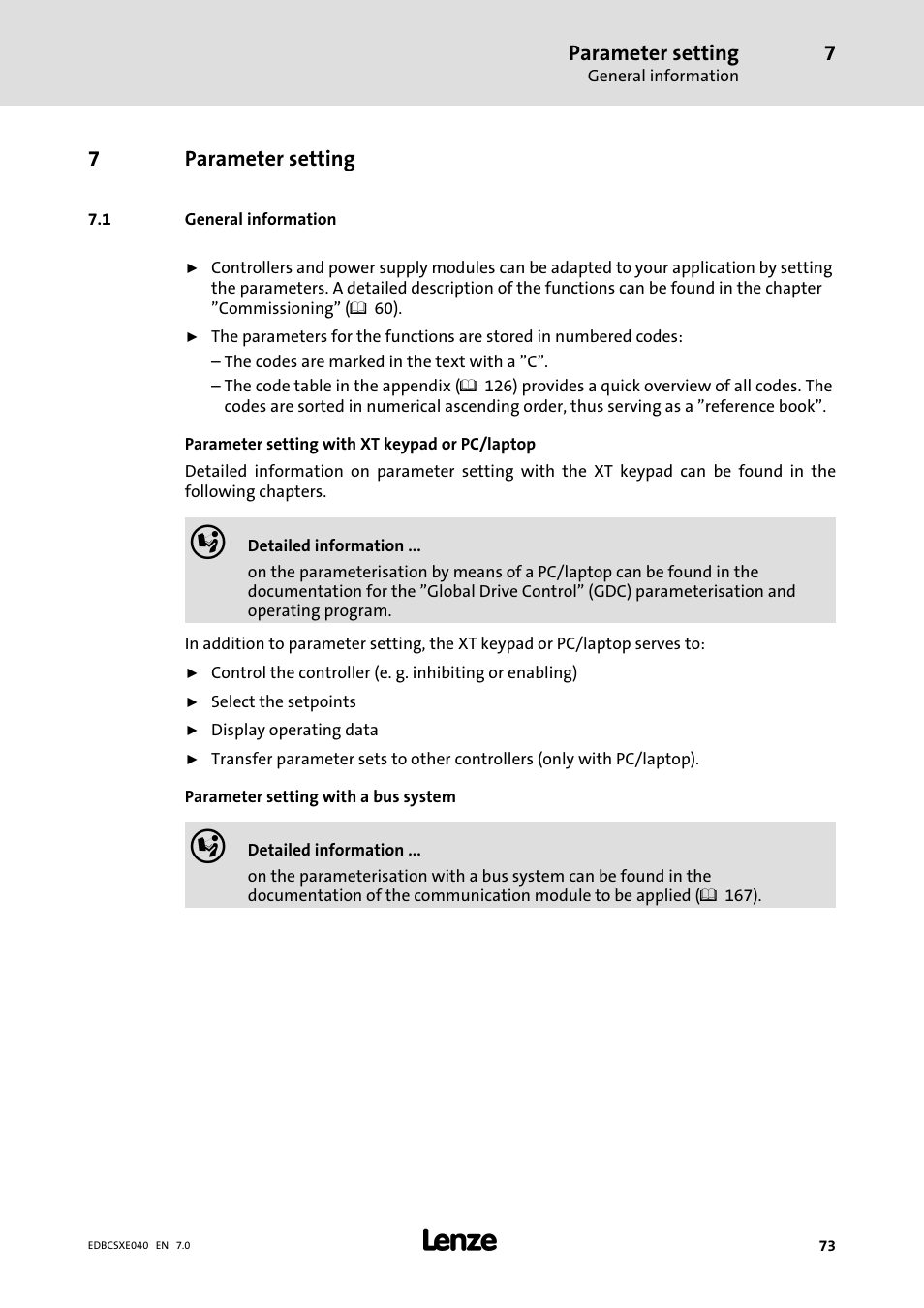 7 parameter setting, 1 ral information, Parameter setting | General information | Lenze ECSCExxx Power supply module User Manual | Page 73 / 182