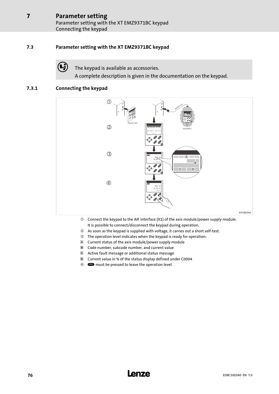 3 parameter setting with the xt emz9371bc keypad, 1 connecting the keypad, Parameter setting with the xt emz9371bc keypad | Connecting the keypad, Parameter setting, Pshprg par a cod e men u, Pshprg para code menu | Lenze ECSCExxx Power supply module User Manual | Page 76 / 182
