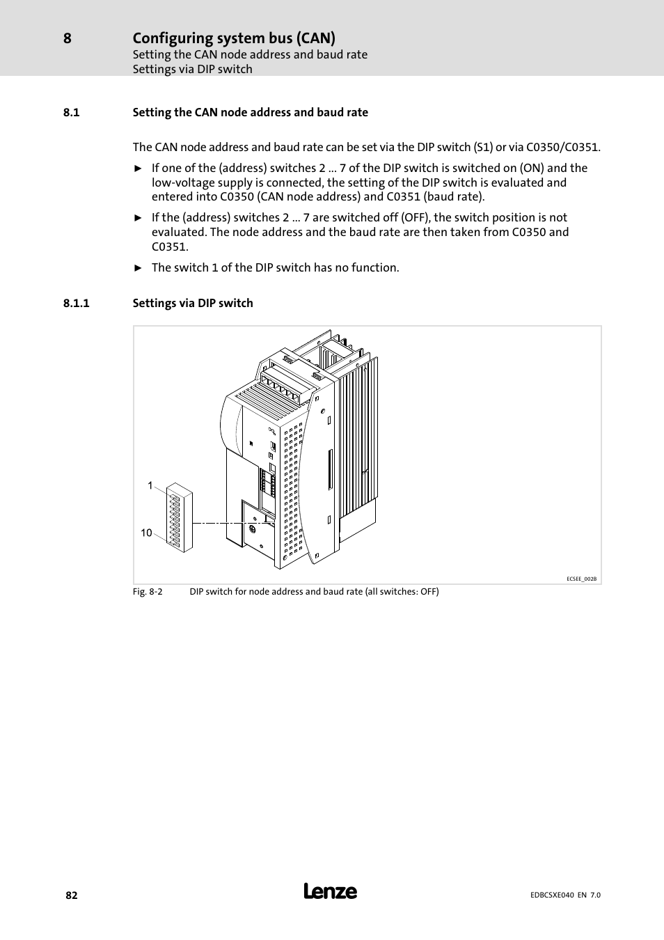 1 setting the can node address and baud rate, 1 settings via dip switch, Setting the can node address and baud rate | Settings via dip switch, Configuring system bus (can) | Lenze ECSCExxx Power supply module User Manual | Page 82 / 182