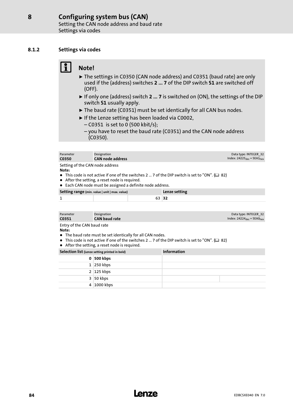 2 settings via codes, Settings via codes, Configuring system bus (can) | Lenze ECSCExxx Power supply module User Manual | Page 84 / 182