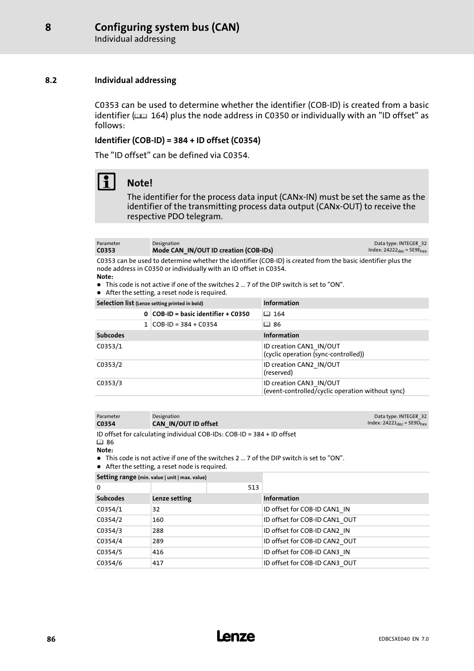 2 individual addressing, Individual addressing, Configuring system bus (can) | Lenze ECSCExxx Power supply module User Manual | Page 86 / 182