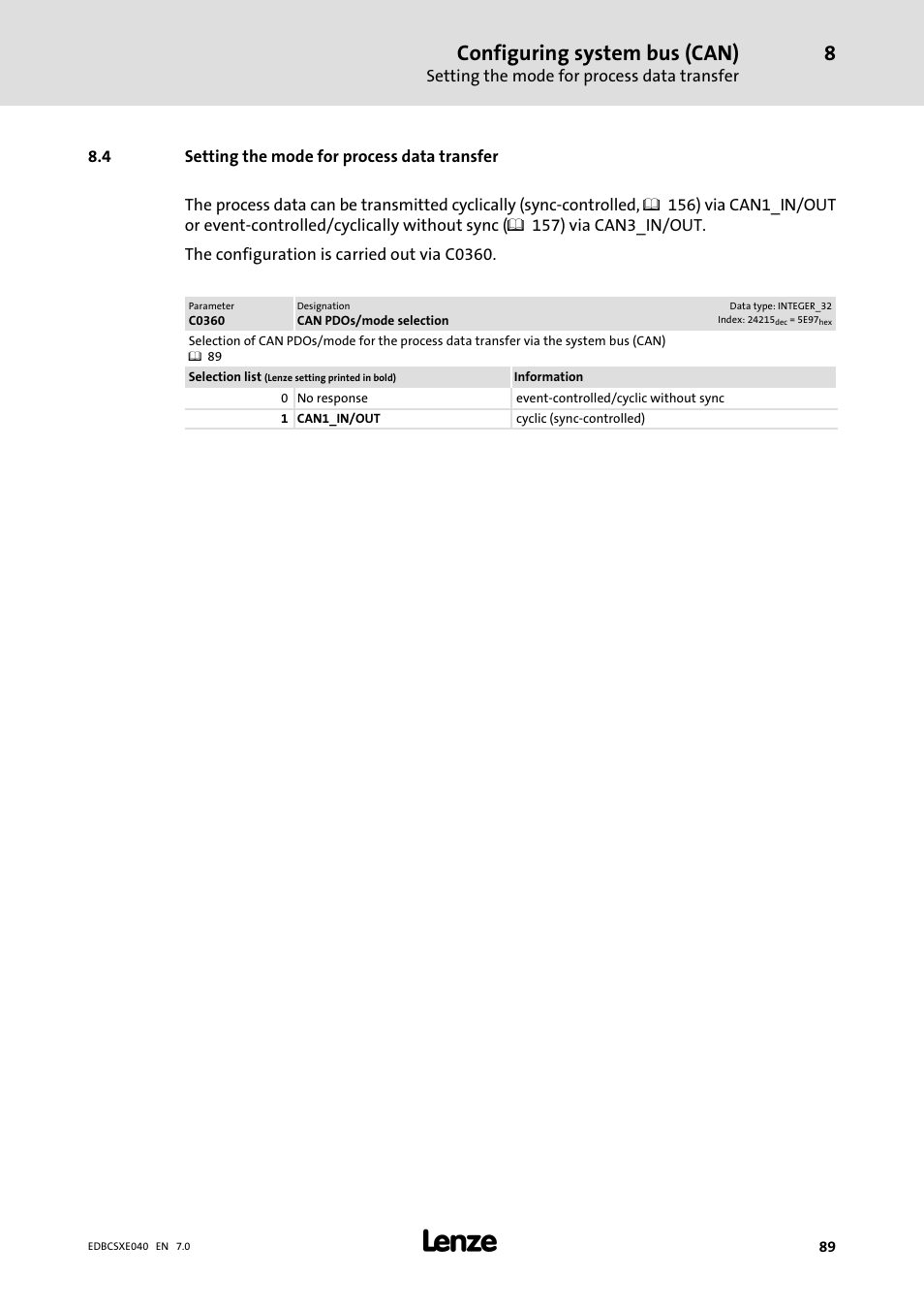 4 setting the mode for process data transfer, Setting the mode for process data transfer, Configuring system bus (can) | Lenze ECSCExxx Power supply module User Manual | Page 89 / 182