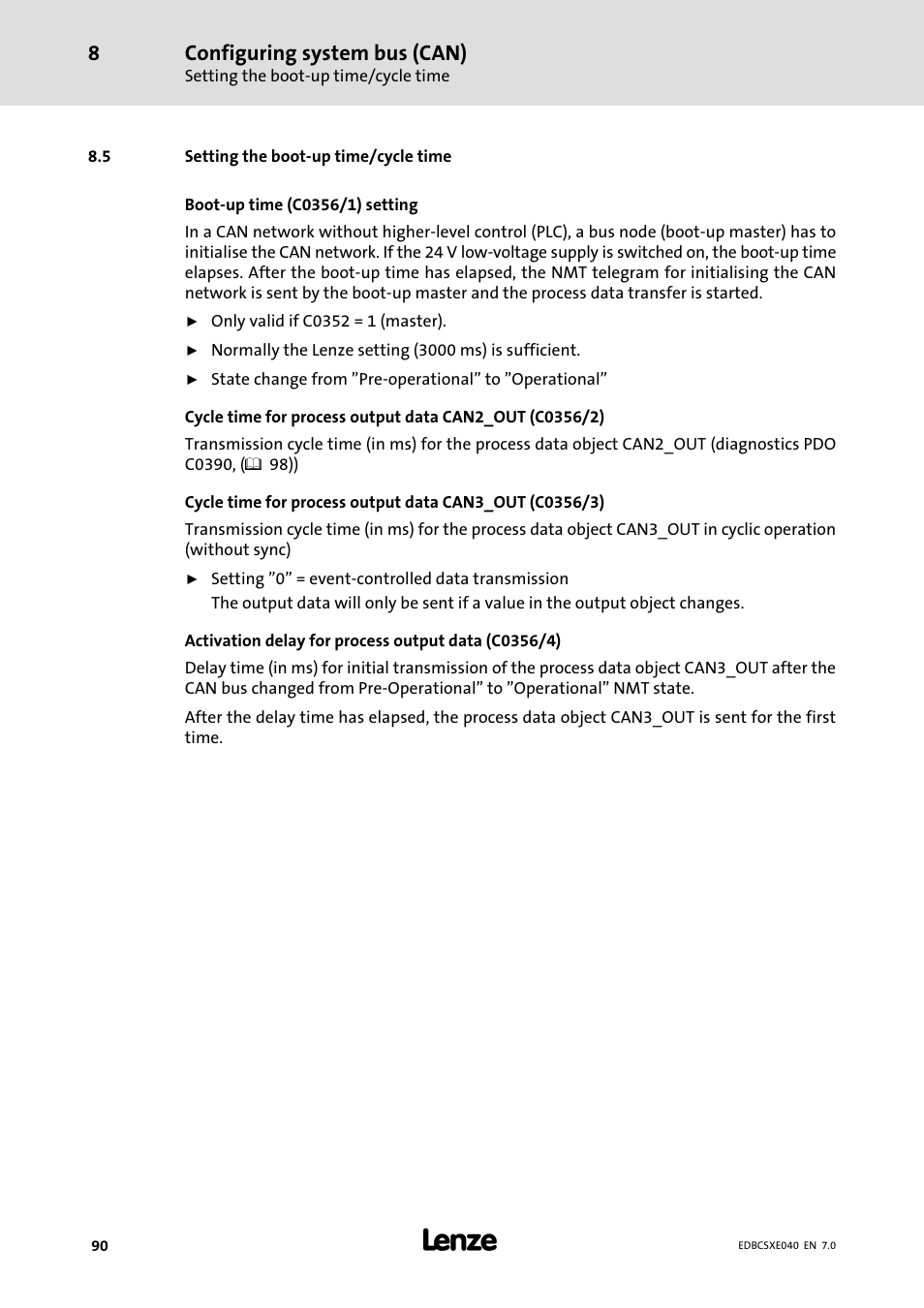 5 setting the boot-up time/cycle time, Setting the boot−up time/cycle time, Configuring system bus (can) | Lenze ECSCExxx Power supply module User Manual | Page 90 / 182