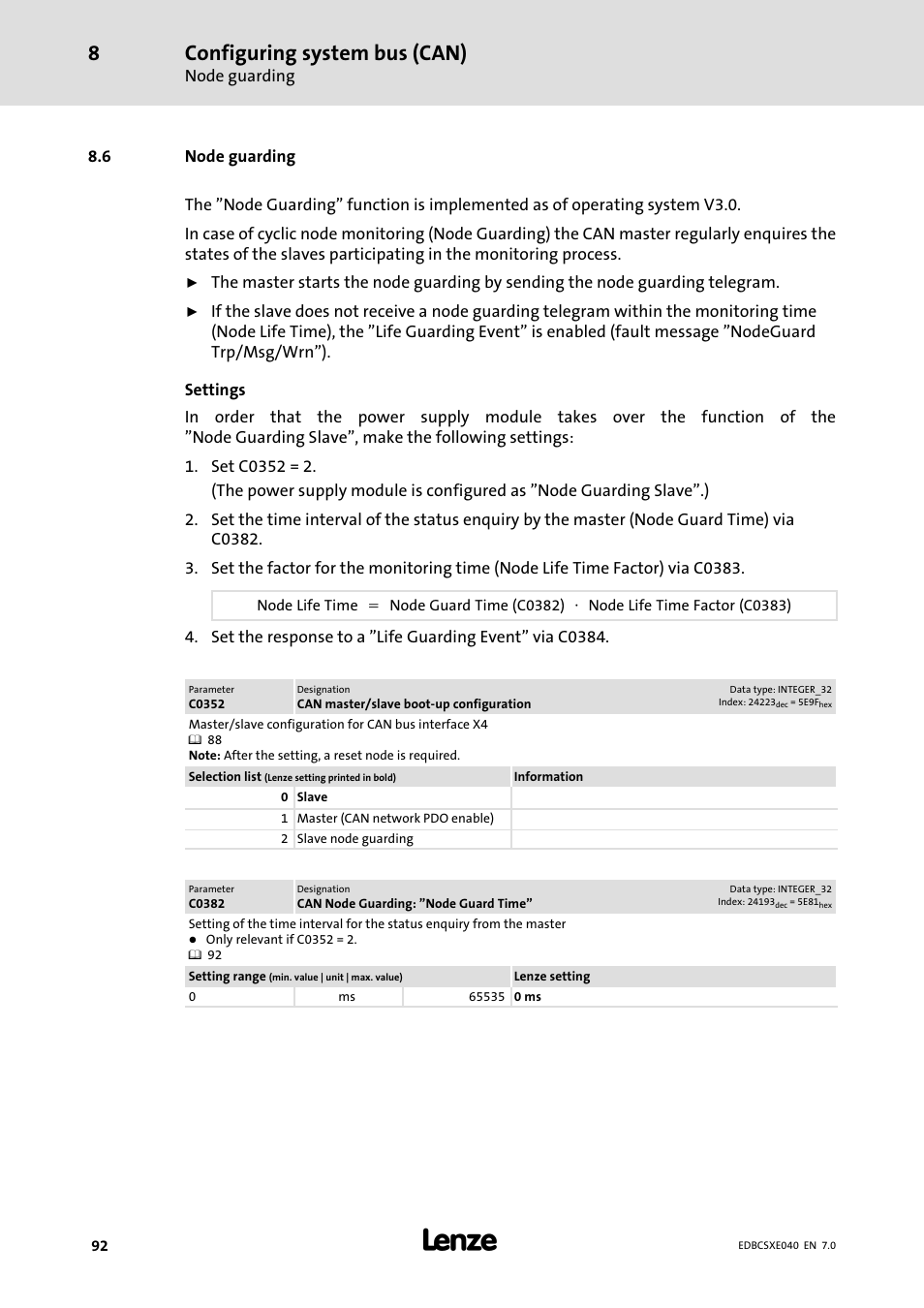 6 node guarding, Node guarding, Configuring system bus (can) | Lenze ECSCExxx Power supply module User Manual | Page 92 / 182